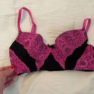 Black and hot pink, lace bra